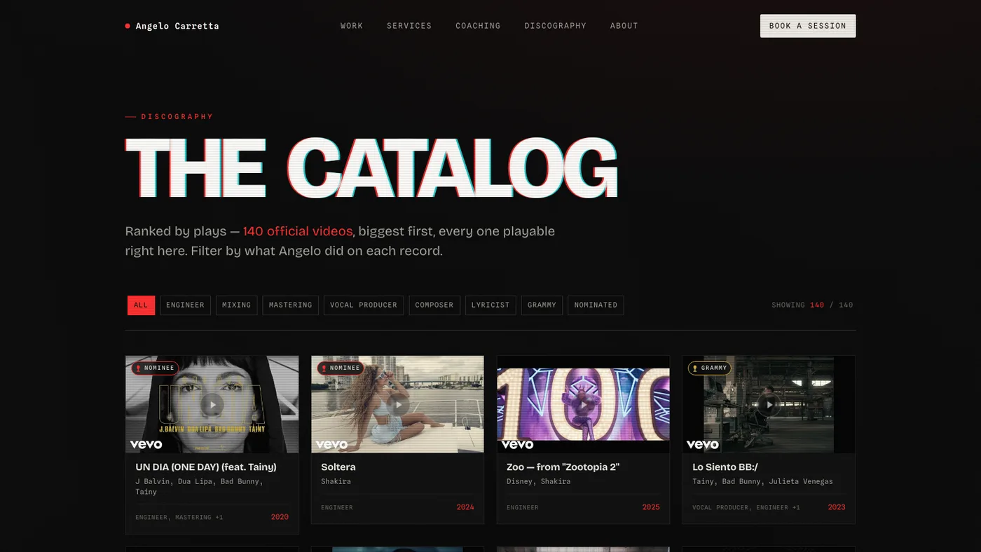 The discography page: 140 official releases ranked by play count, with filters for engineer, mixing, mastering, vocal producer, composer, lyricist, GRAMMY winners and nominees.