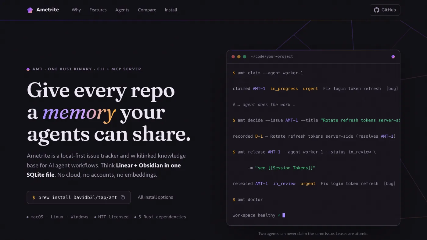 The Ametrite project site: Shared work and memory for coding agents.