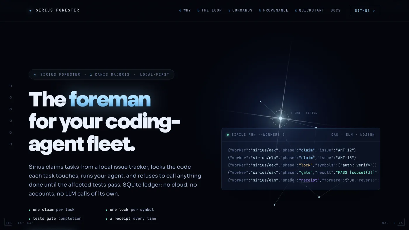 The Sirius Forester project site: The local foreman for parallel coding agents.